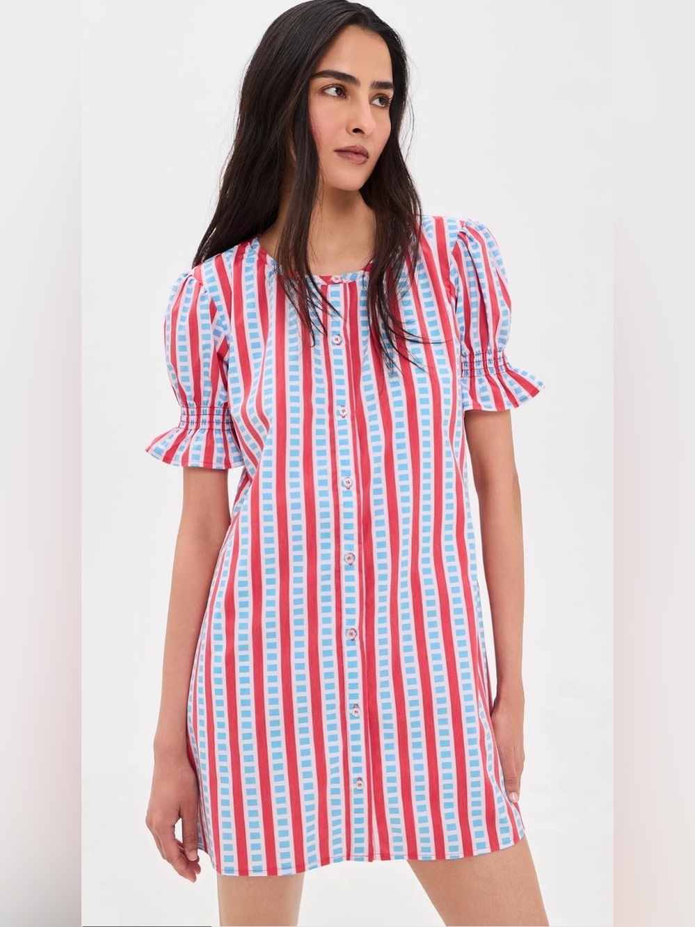 Addison Bay Striped Button-Front Mini Dress in Red & Blue, size Medium